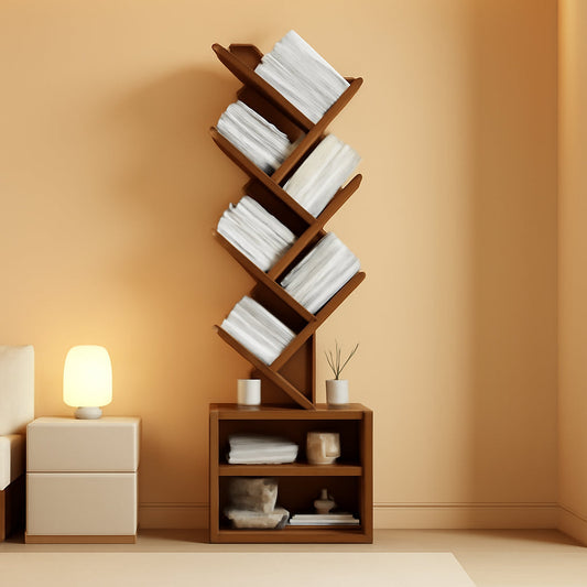 6 Tier Tree Bookshelf With Cabinet Rustic Brown Modern