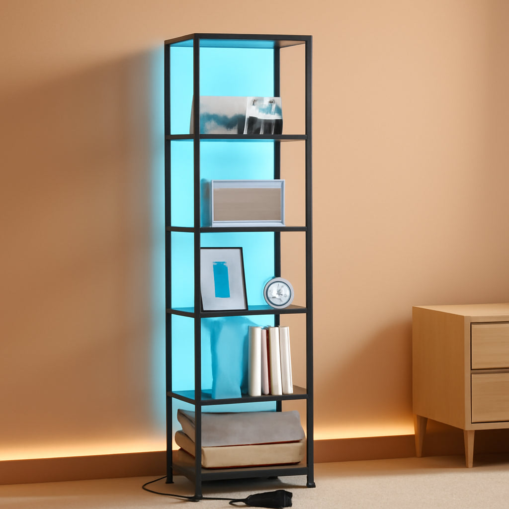 6 Tier LED Bookshelf Black Tall Narrow Living Room Display