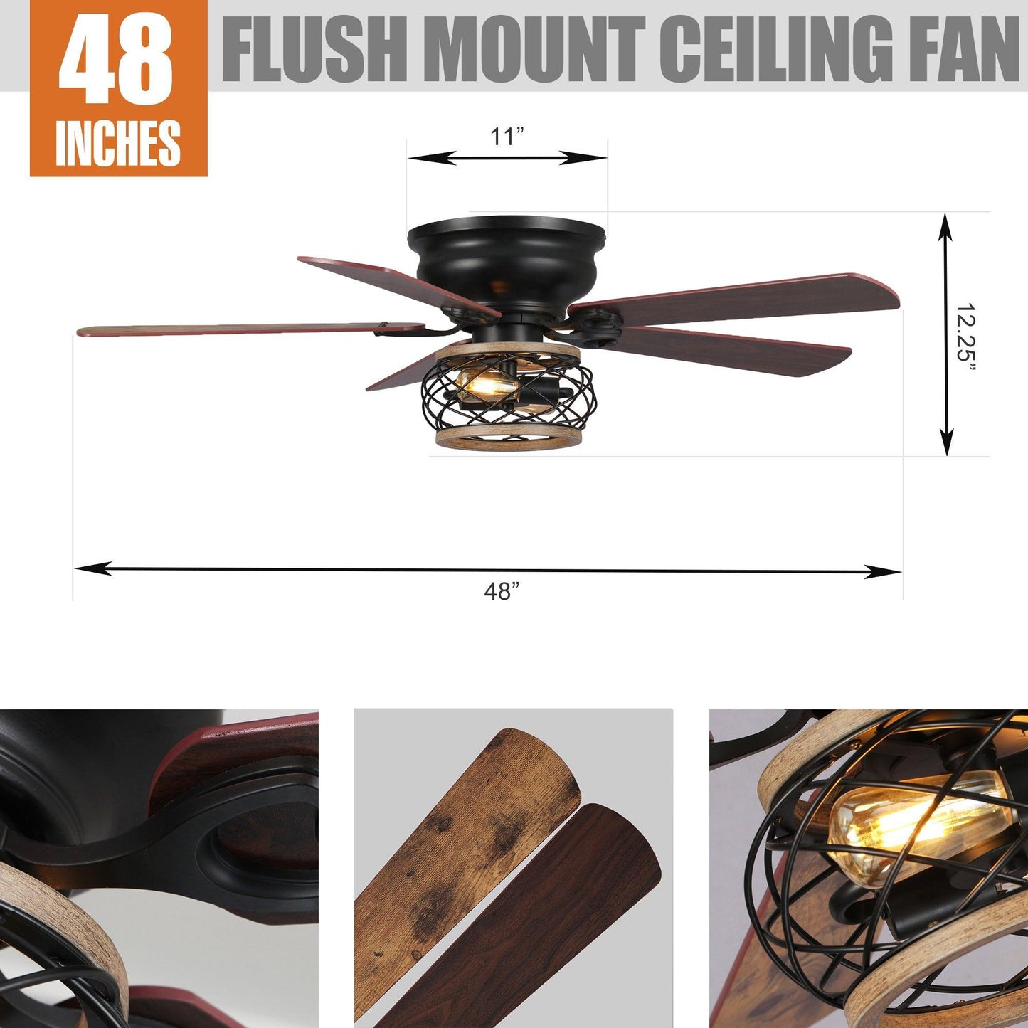48" Antwerp Farmhouse Flush Mount Reversible Ceiling Fan with Lighting and Remote Control