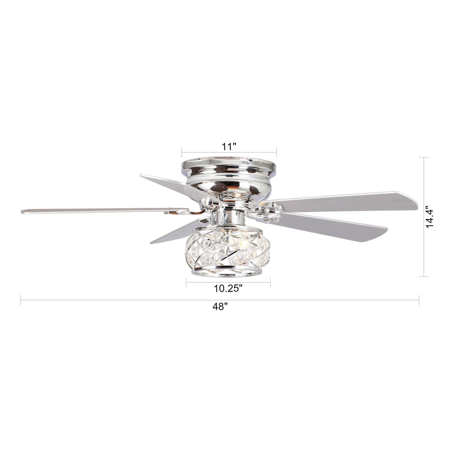48" Modern Chrome Flush Mount Reversible Crystal Ceiling Fan with Lighting and Remote Control