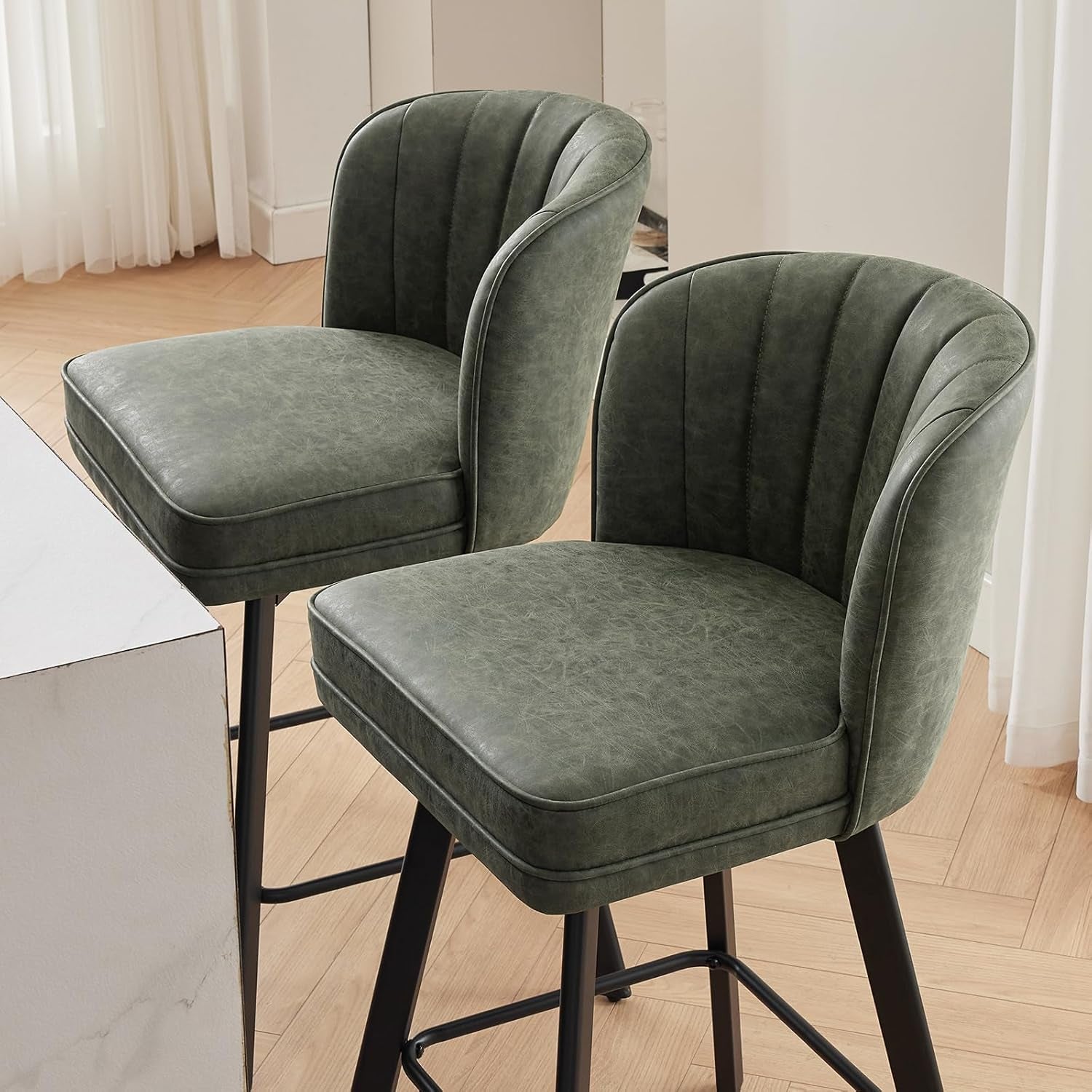Swivel Counter Height Bar Stools Green Faux Leather in modern kitchen setting, showcasing stylish design and comfort.