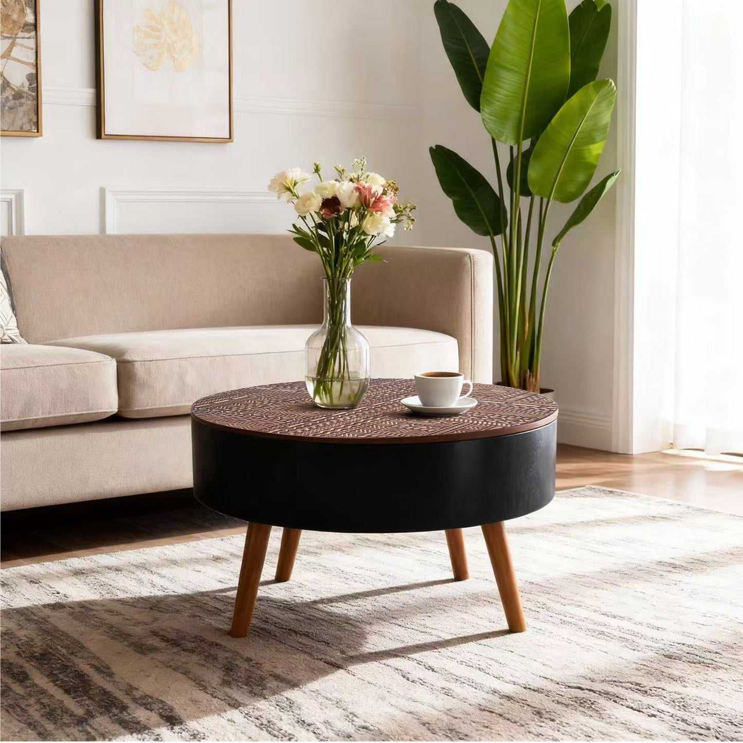 31.5" Round Carved Coffee Table with Storage Space