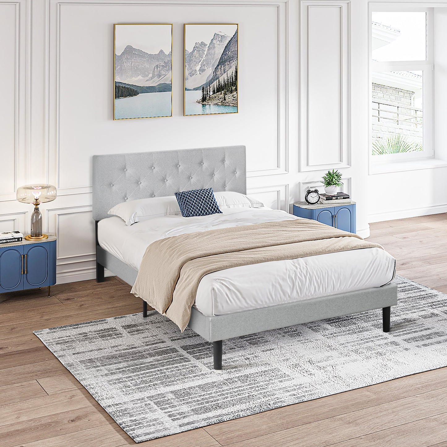 Queen Size Upholstered Platform Bed Frame with Modern Button Tufted