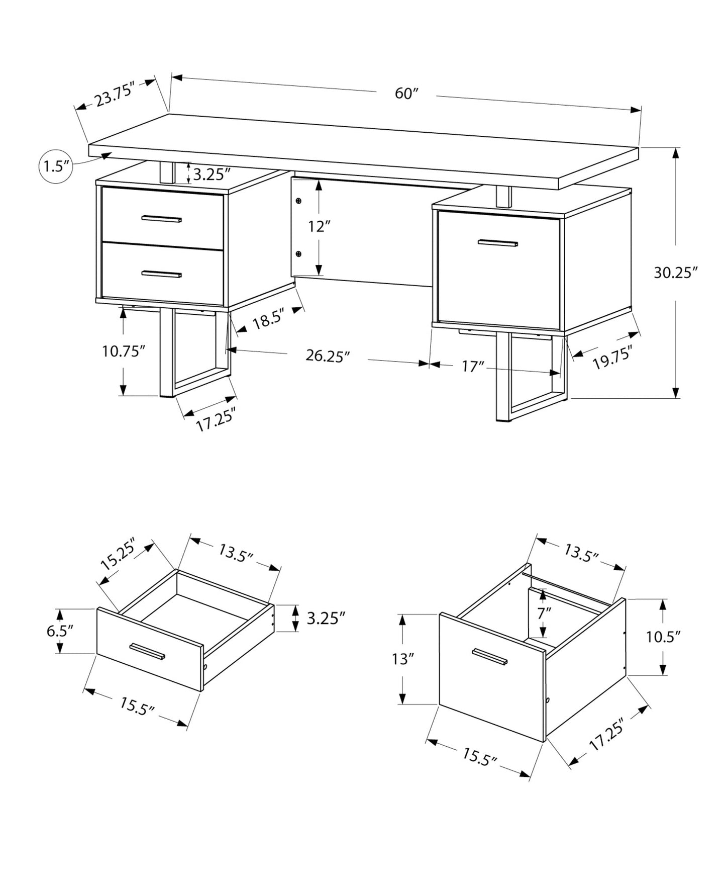 Computer Desk, Home Office, Laptop, Left, Right Set-up, Storage Drawers, 60'l, Work, White Laminate, Black Metal, Contemporary, Modern
