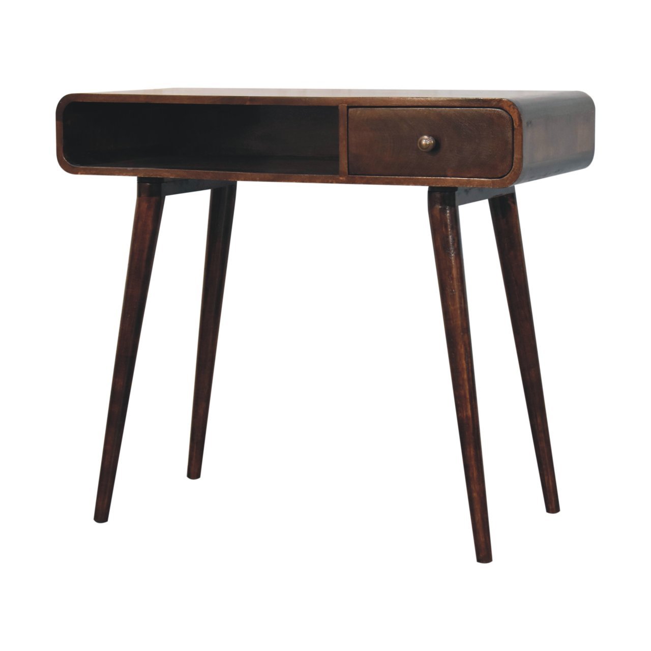 Solid Wood Curved California Walnut Writing Desk, 1-Drawer, 1 Open-Slot, Nordic Legs, Dark Brown