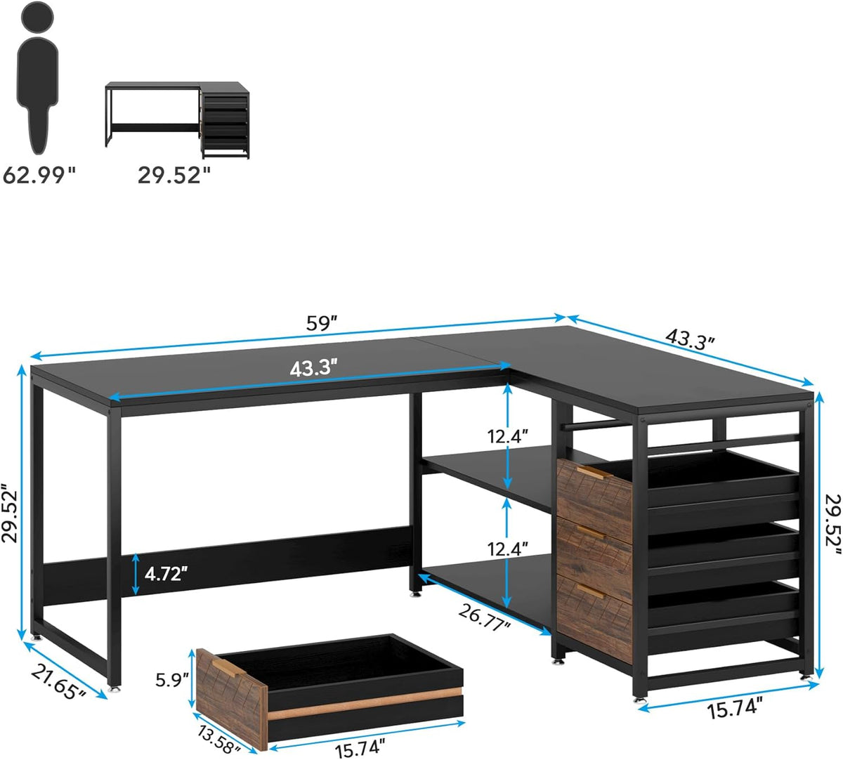 59 Inches L-Shaped Computer Desk with Drawers and Storage Shelves