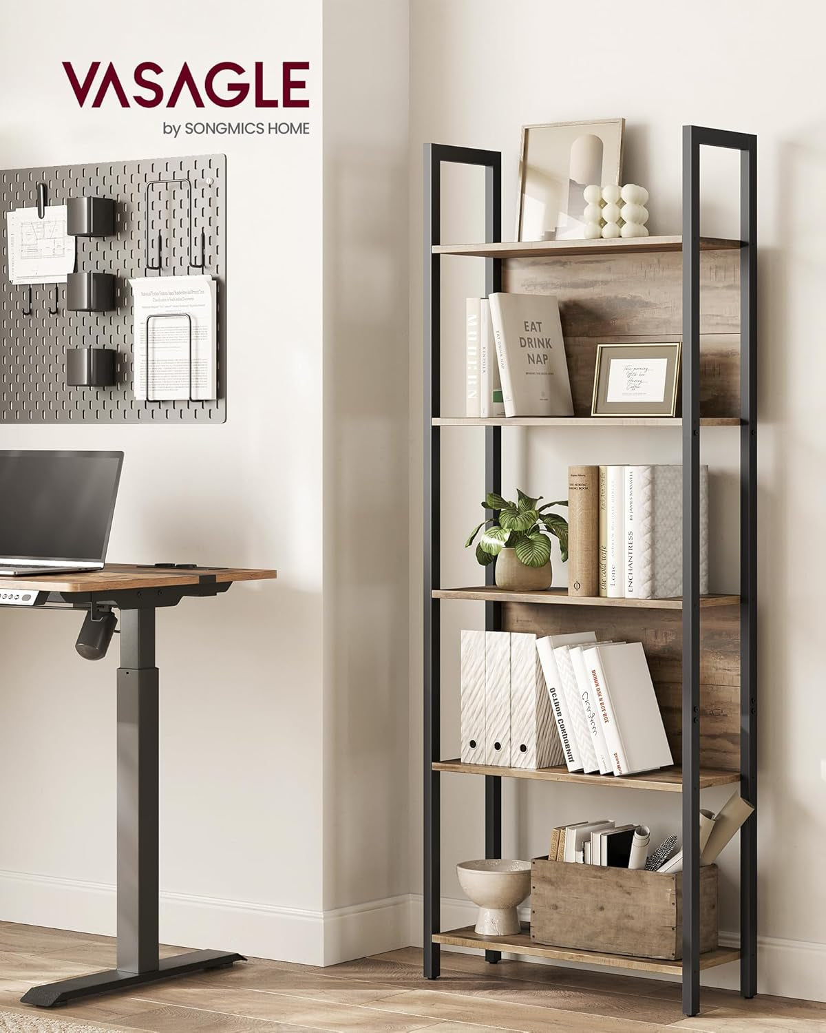 Five Tier Bookshelf With Steel Frame Camel Brown And Black