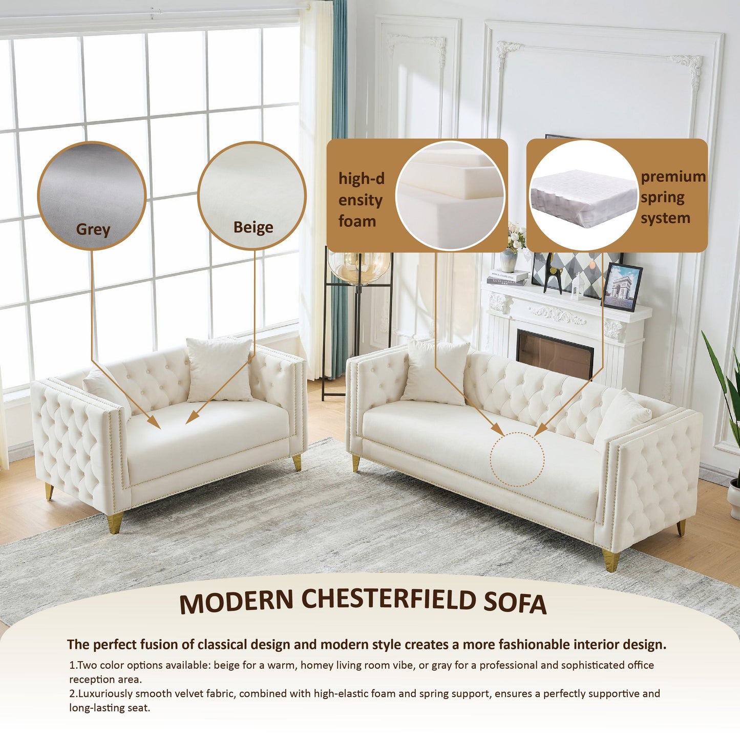 58" Chesterfield Velvet Sofa - Elegant 2 Seater Couch