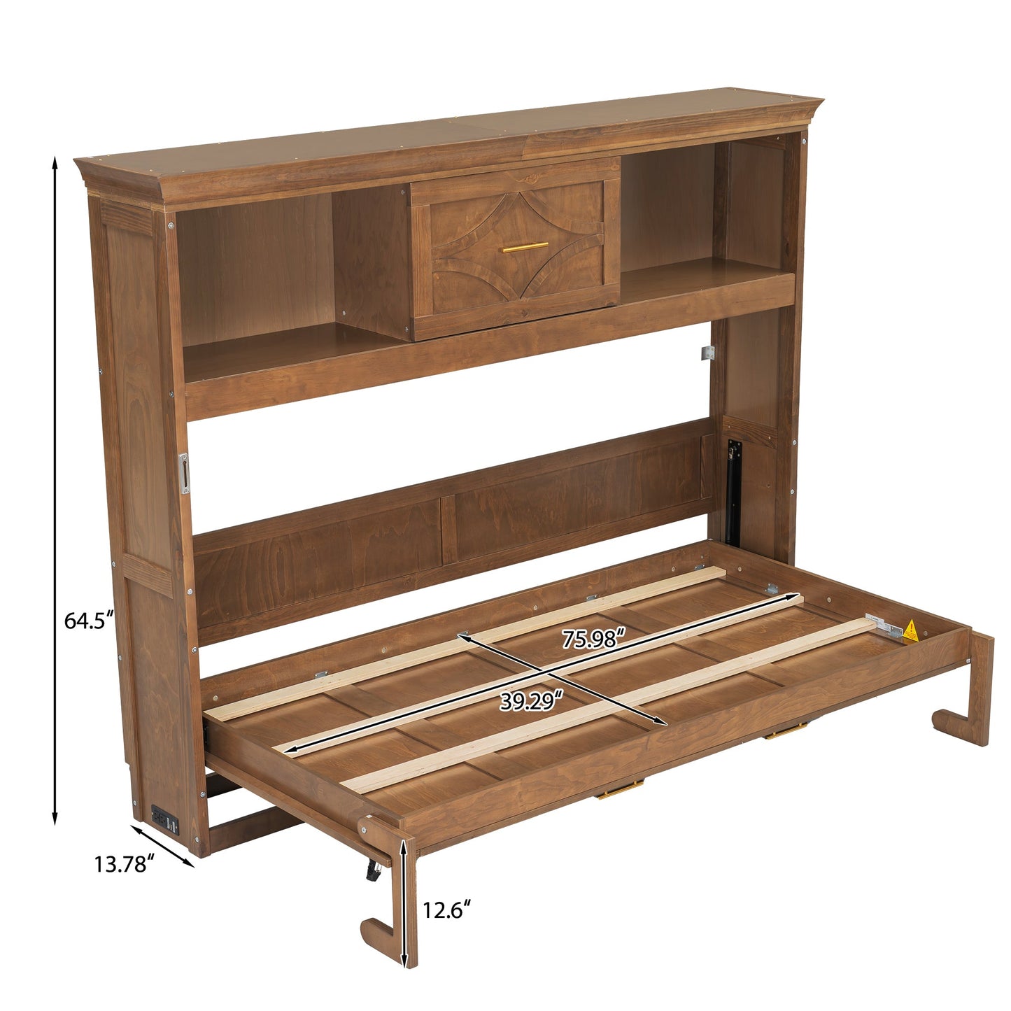 Twin Size Murphy Bed with Charging Station and Drawer in Wood Color, Solid Pine Wood + MDF
