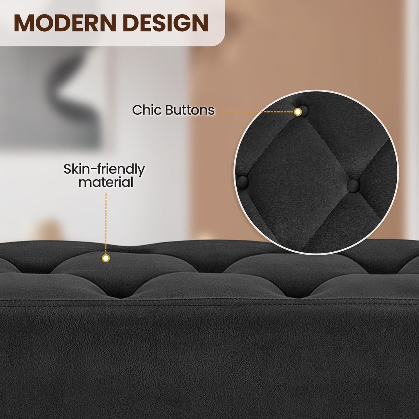 Black Velvet Upholstered Ottoman Bench Golden Legs