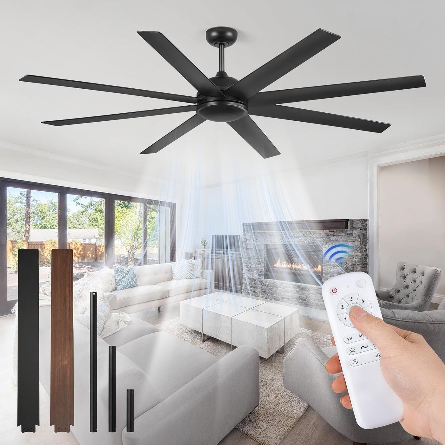 72 Inch Black Ceiling Fan With Remote DC Motor For Indoor Outdoor