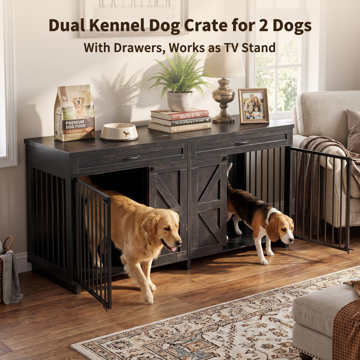 Dog Crate Furniture TV Stand - 2-in-1 Wooden Dog Kennel with Storage