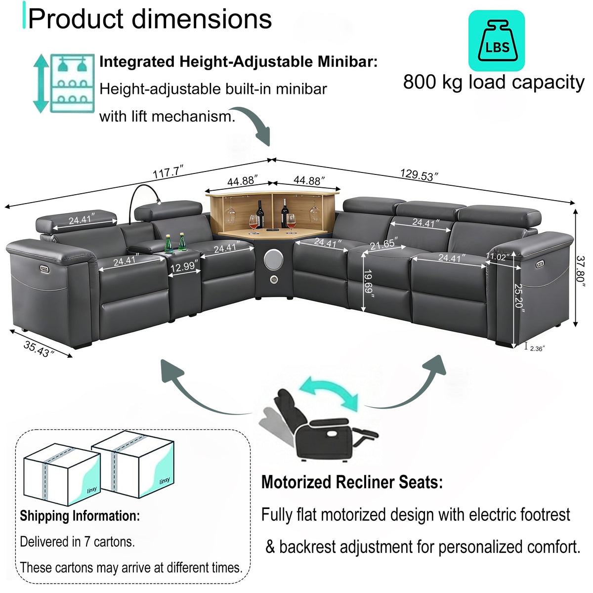 5-Seater Air Leather L-Shaped Powered Recliner Sofa Set