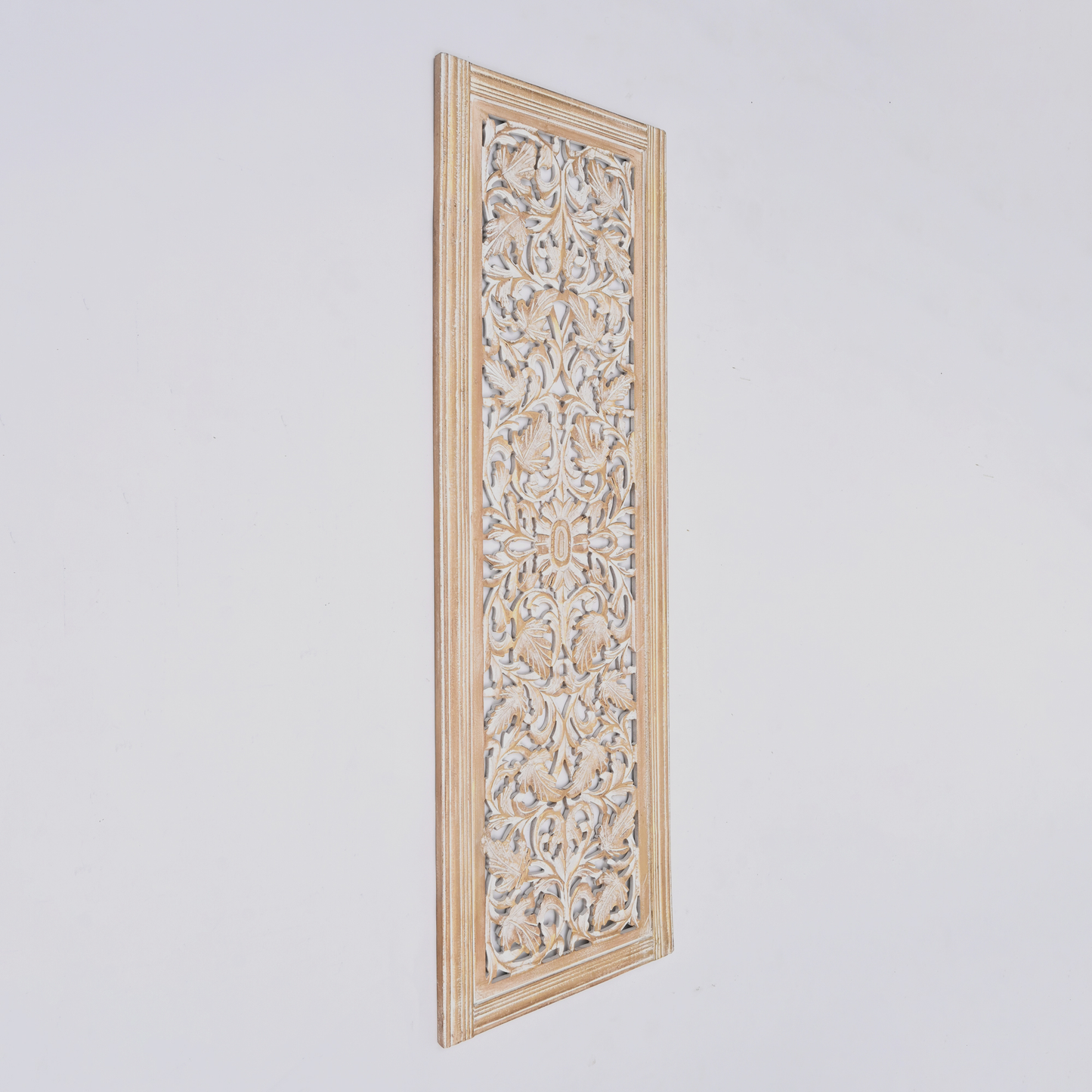 20” x 63” Hand-Carved Wooden Wall Panel – Rustic Antique Mandala Design