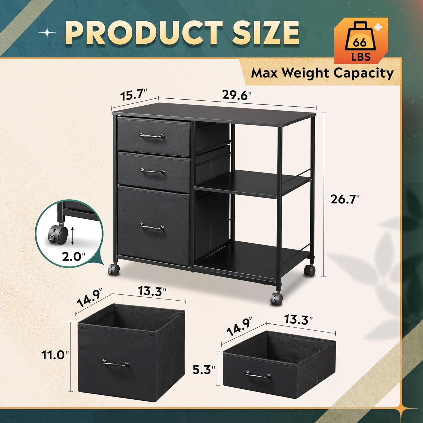 3 Drawer Mobile File Cabinet With Rolling Printer Stand And Open Storage Shelf For A4 Or Letter Size In Black