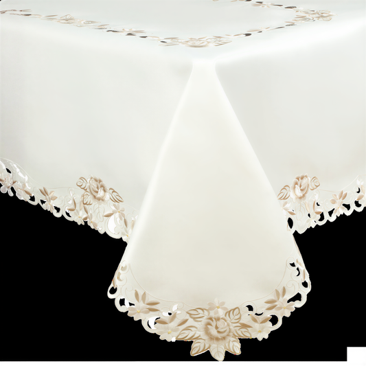 European Embroidered Table Topper – Rustic Cream Polyester Fabric Table Cover