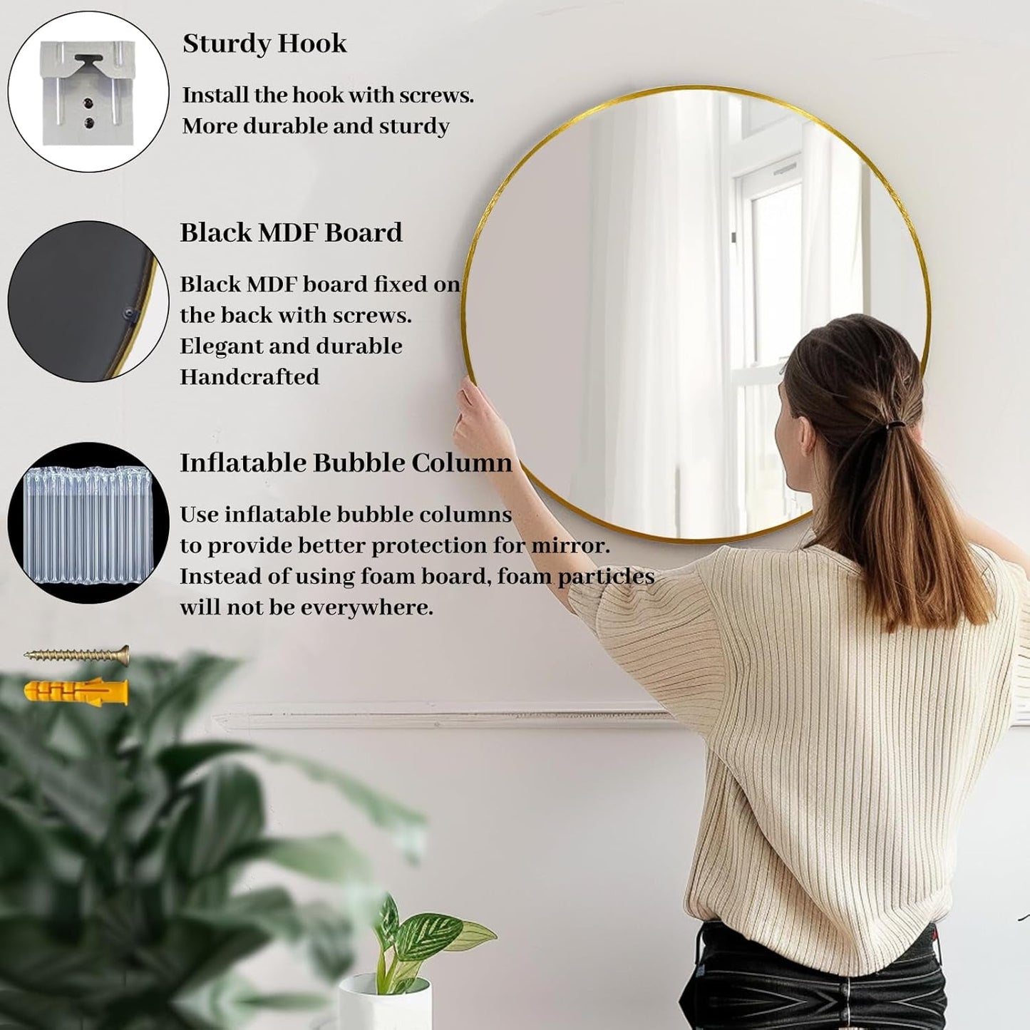 24 Inch Gold Round Mirror Shatterproof For Bathroom Hallway