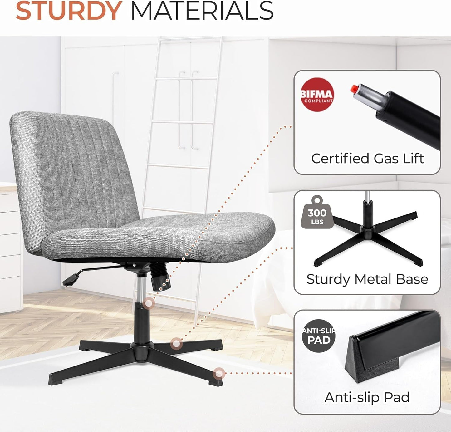 Cross Legged Office Chair Grey Wide Seat Adjustable Height