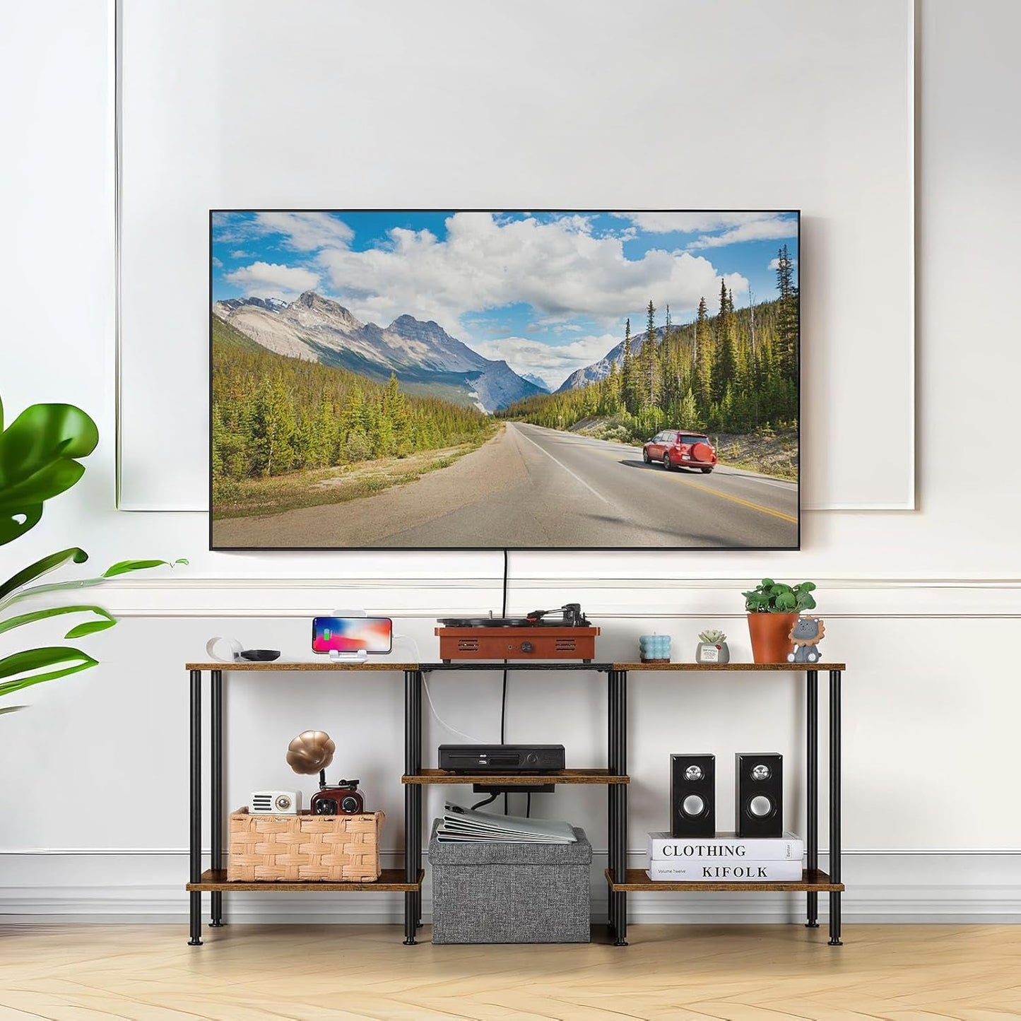 Rustic Brown 50 Inch TV Stand With Power Outlets And Shelf
