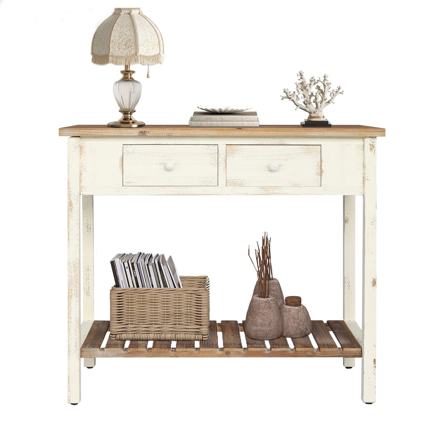 Vintage Two - Drawer Console Table with Open Shelf, Distressed Finish for Entryway & Living Room