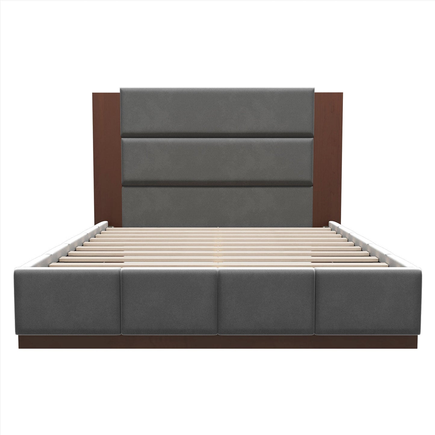 Upholstered Platform Bed Frame With Extended Wood Headboard