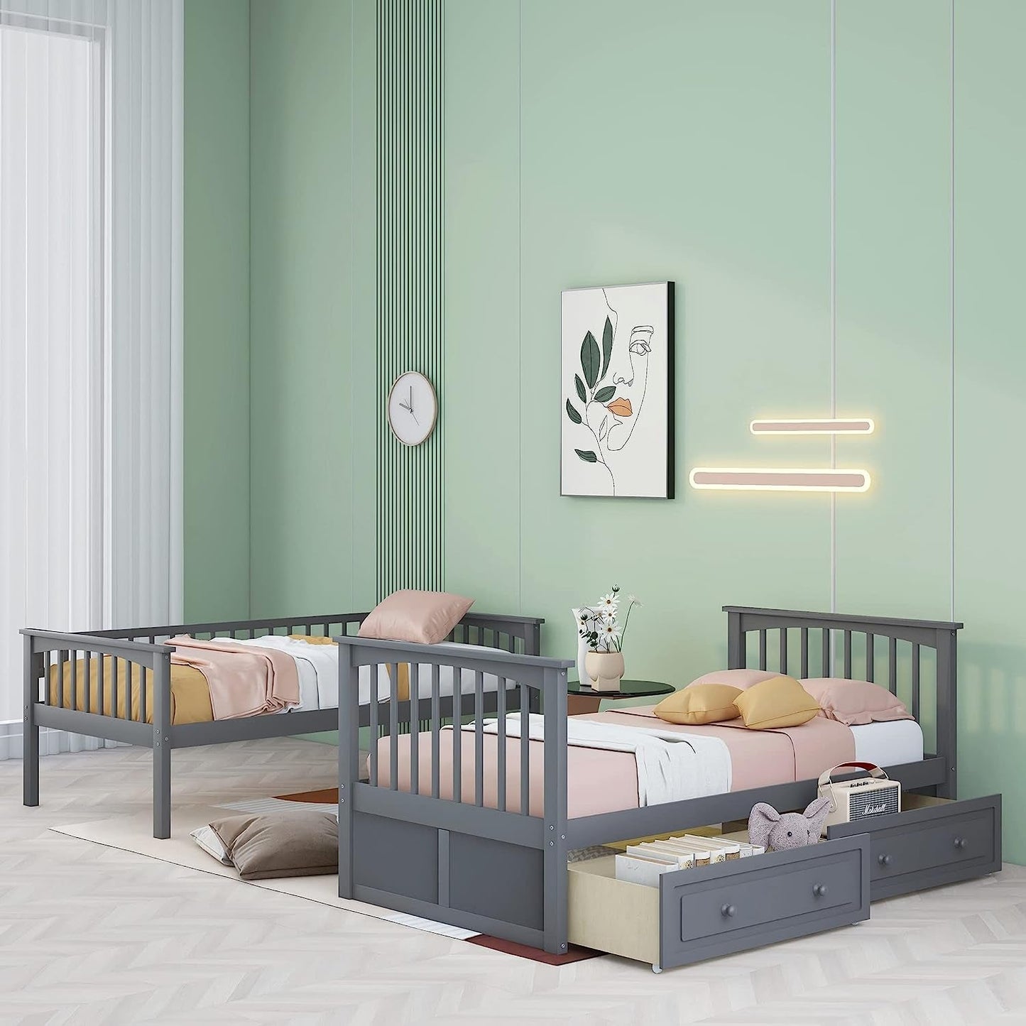 Grey Twin Bunk Bed With Storage Drawers Safety Rail