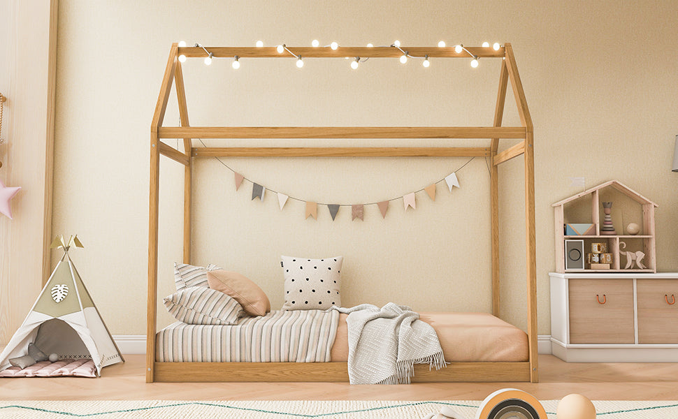 Twin Size Wooden House Bed, Wood Color