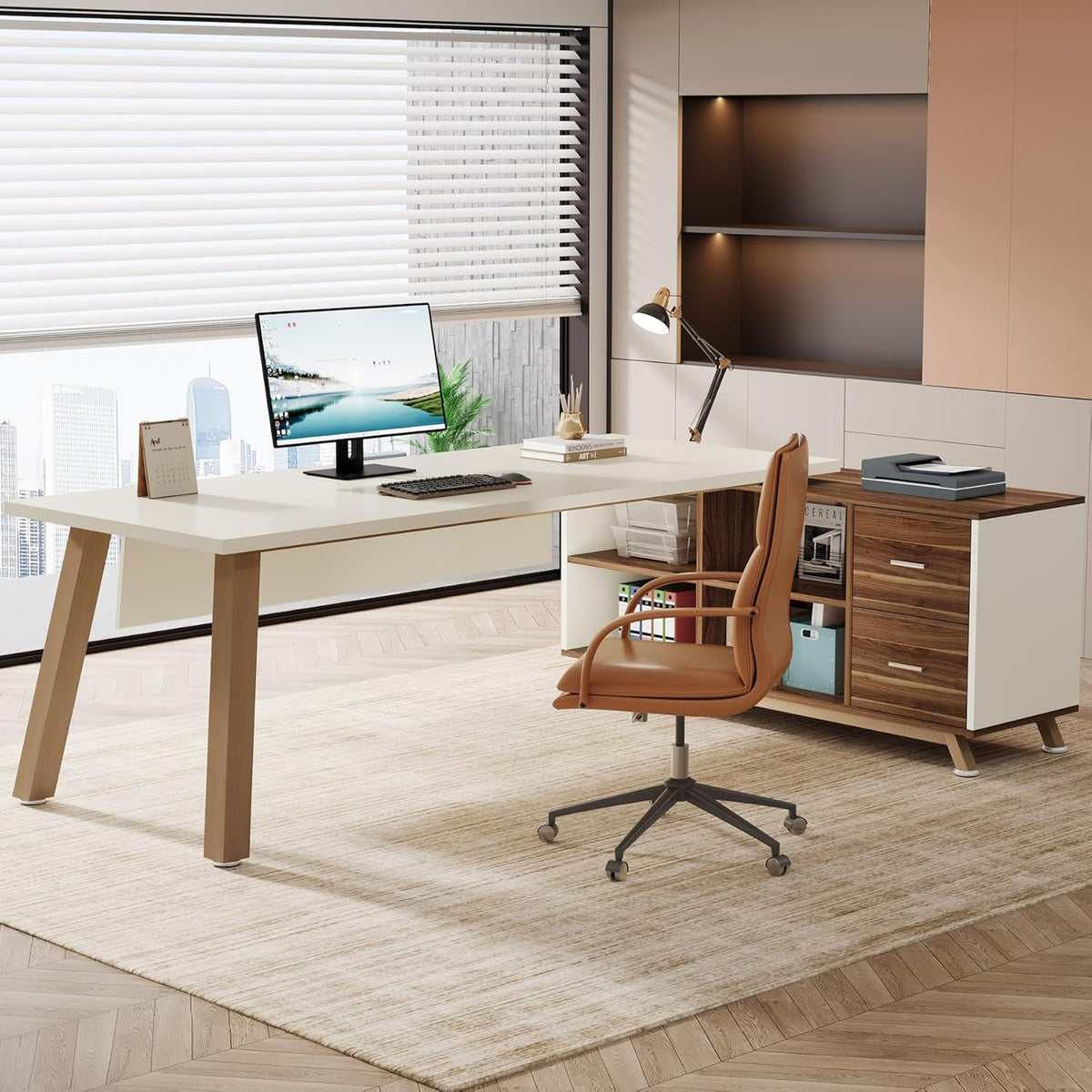 78.7" L-Shaped Executive Desk with 55" File Cabinet