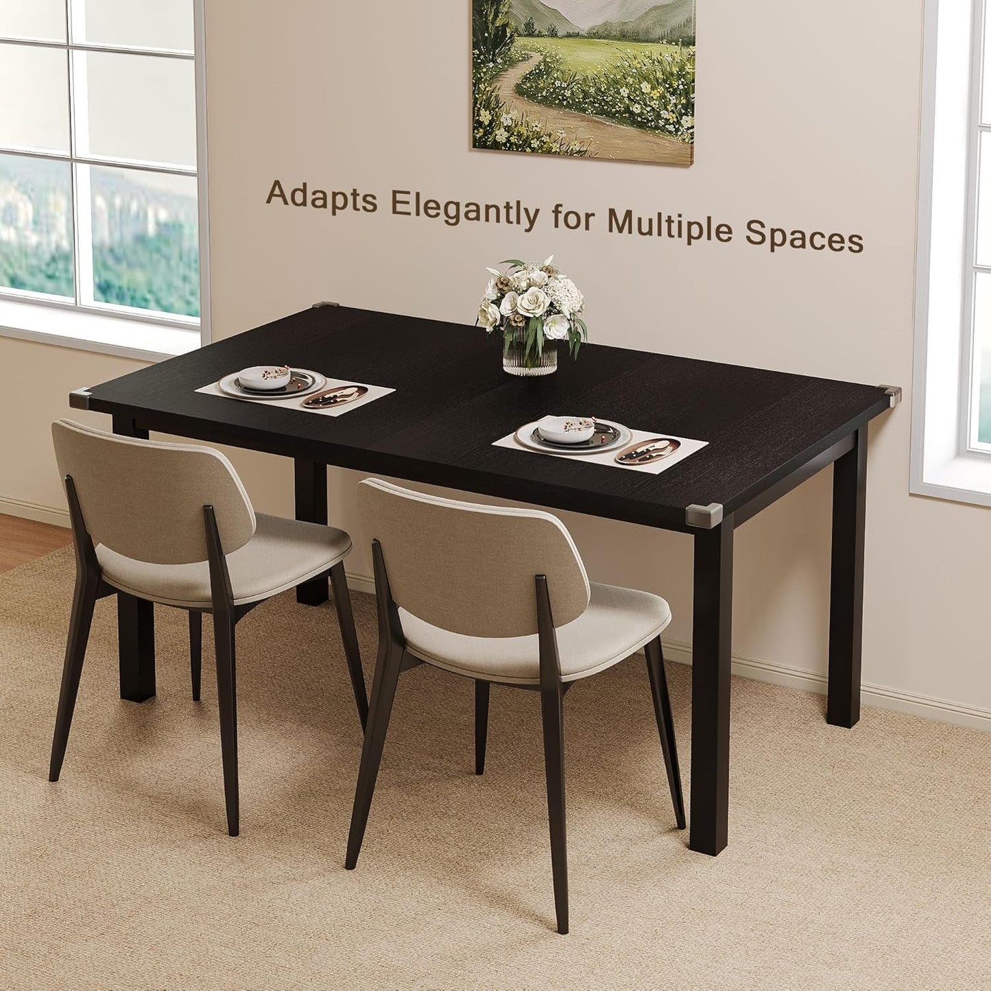 Black Extendable Dining Table 63 Inch For 4 To 6 Guests