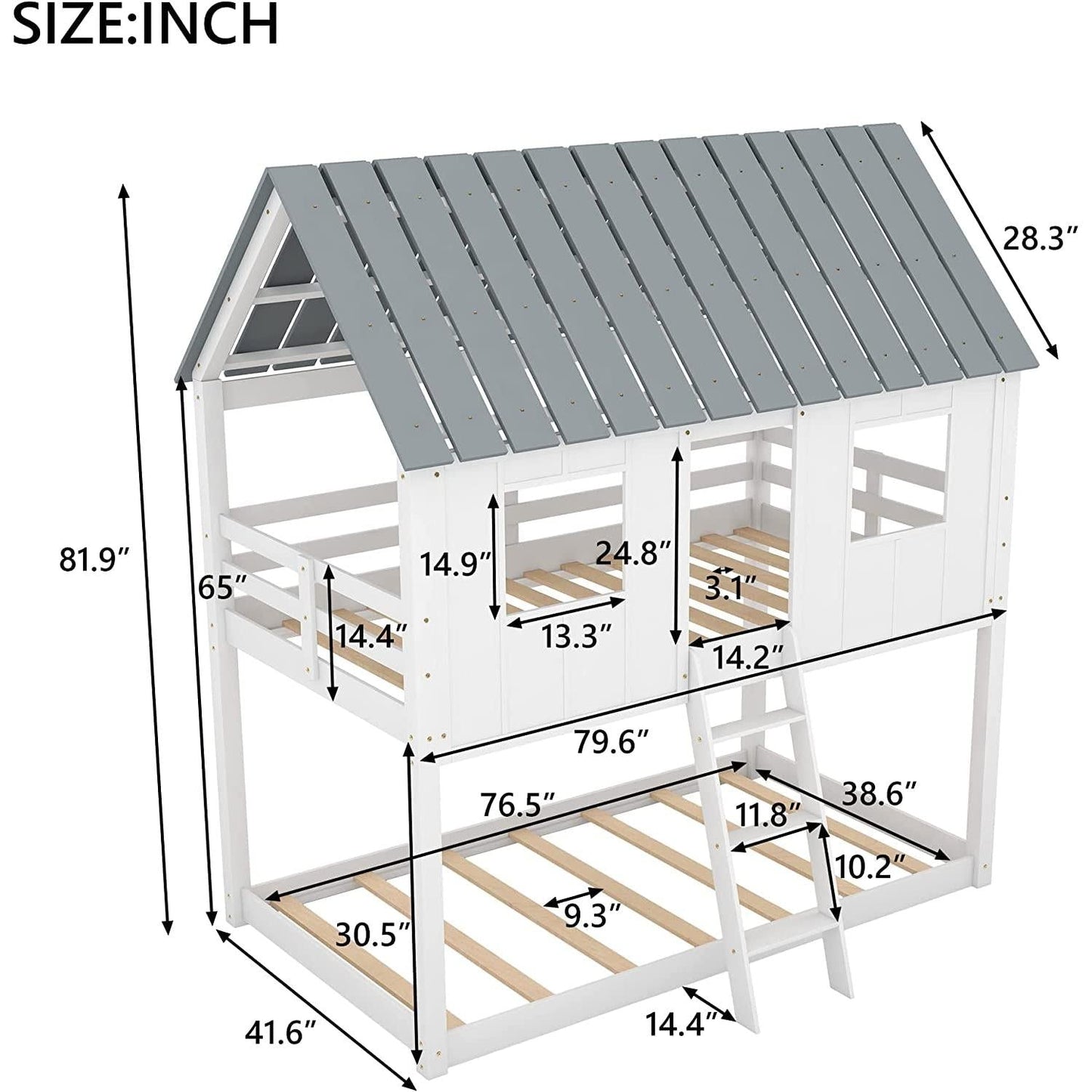 Twin House Bunk Bed With Playhouse White And Gray Finish