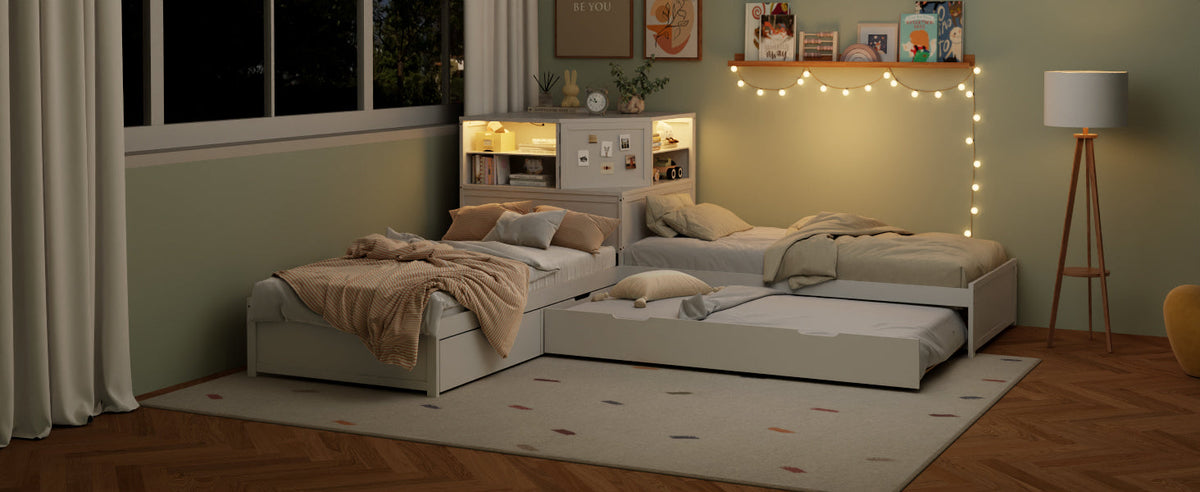 L-Shaped Combination Twin Bed Frame with Trundle and Drawer