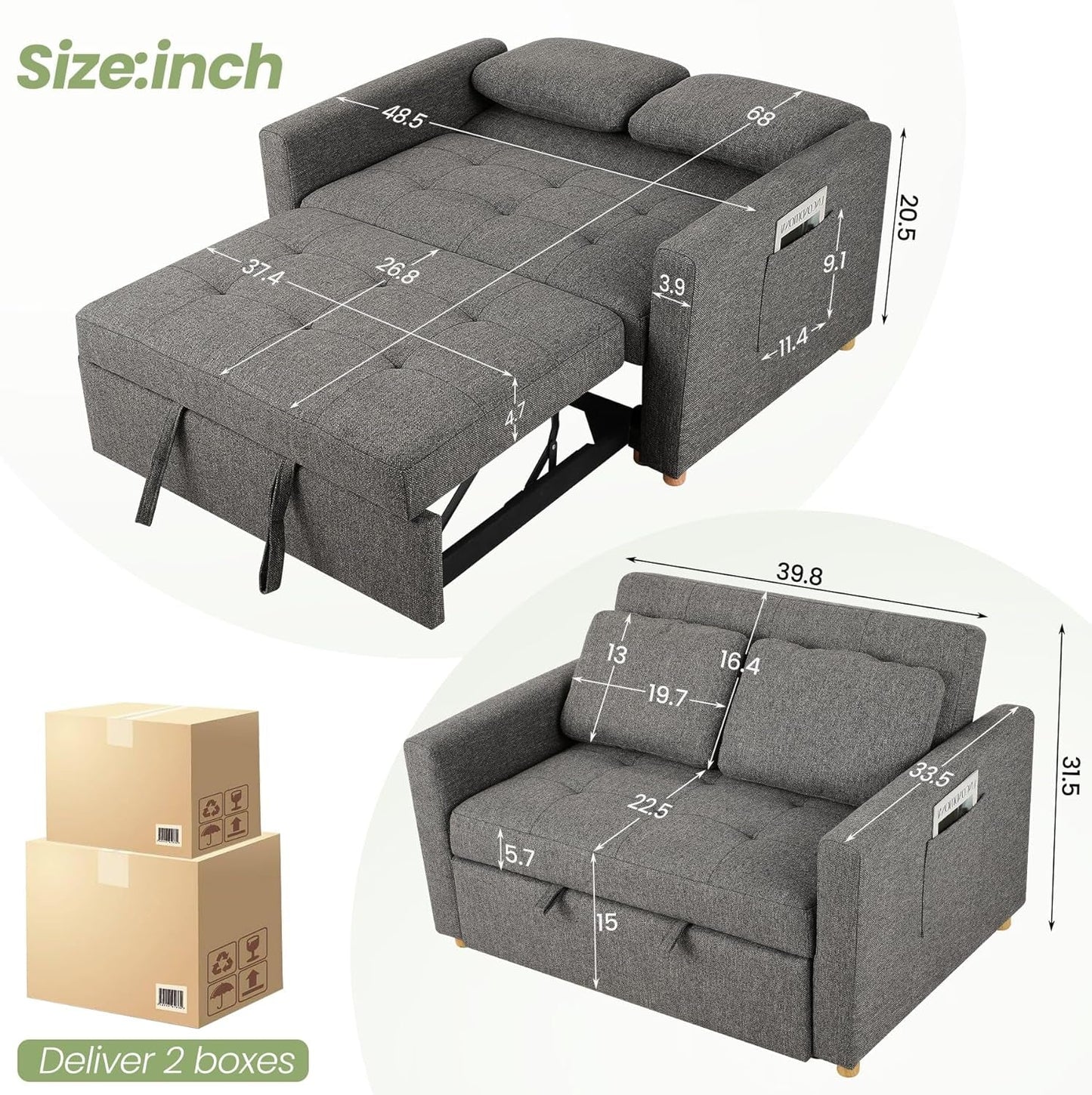 Sleeper Sofa Bed, 3-In-1 Convertible Sofa Chair, Linen Fabric Pull Out Couch Bed, Loveseat Sleeper with Spring Support, Adjustable Backrest, 2 Seater Recliner Chair for Small Space, Dark Grey