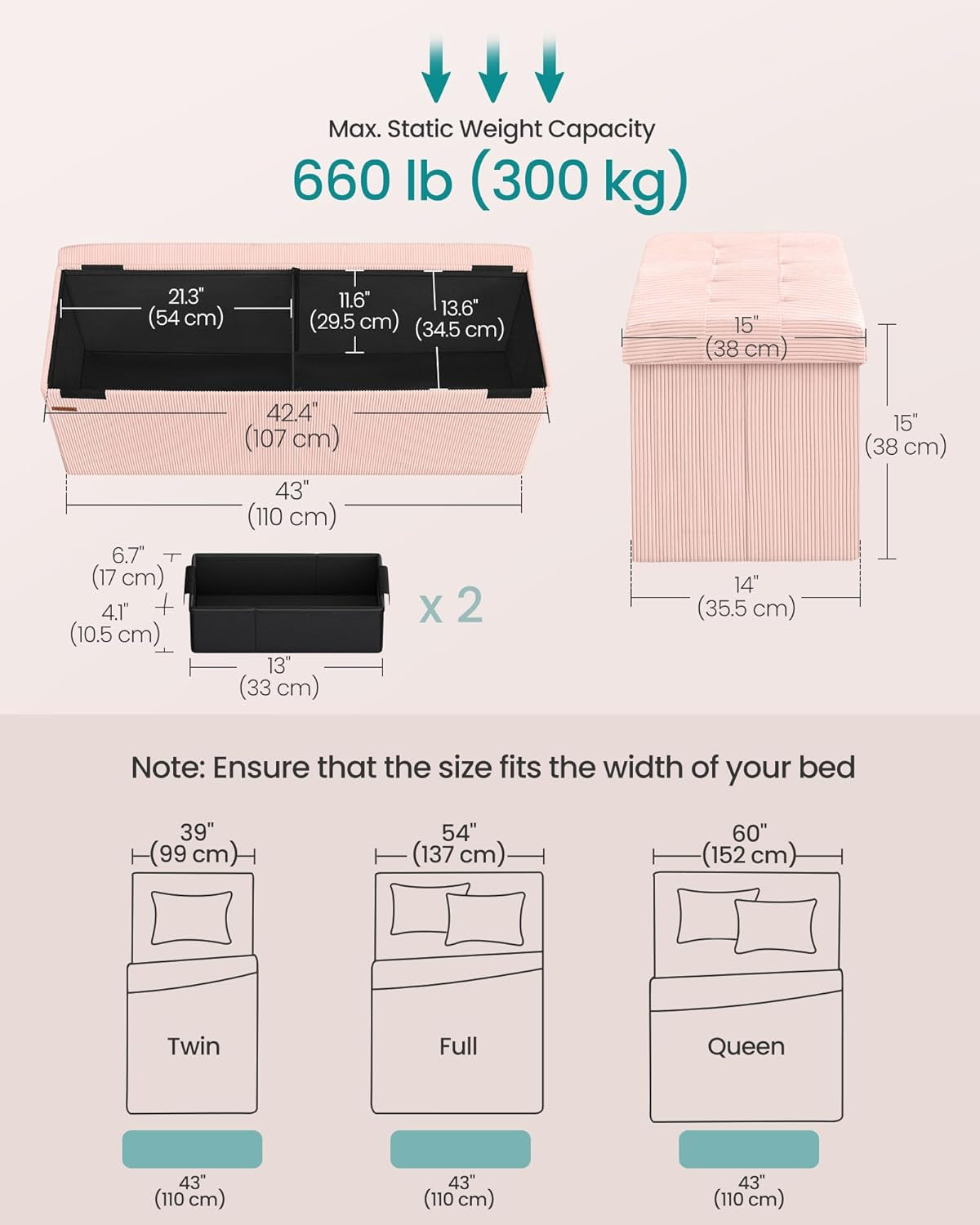 Pink Foldaway Underbed Storage Ottoman Bench