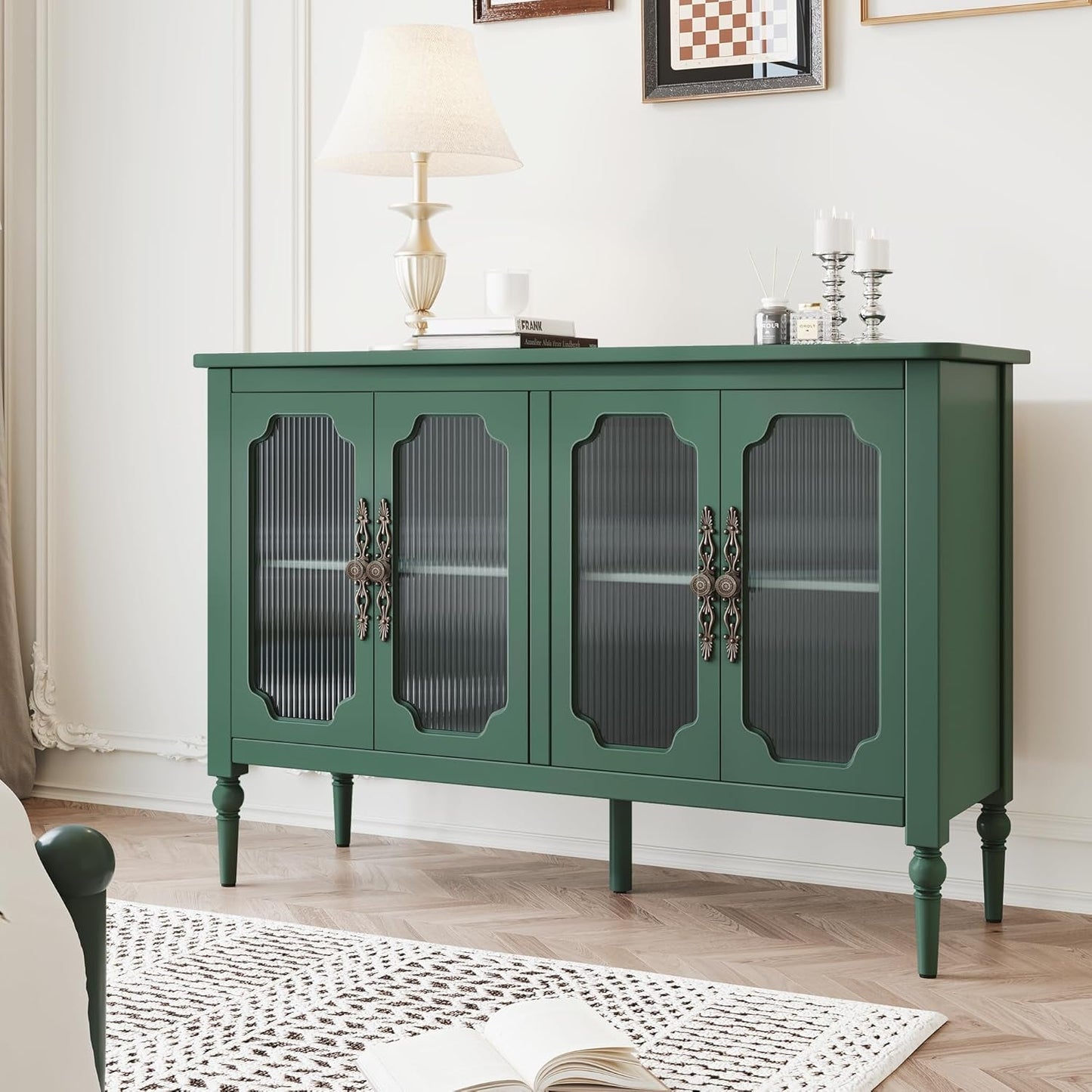 Vintage Green Glass Doors Buffet Sideboard Storage 48 Inch