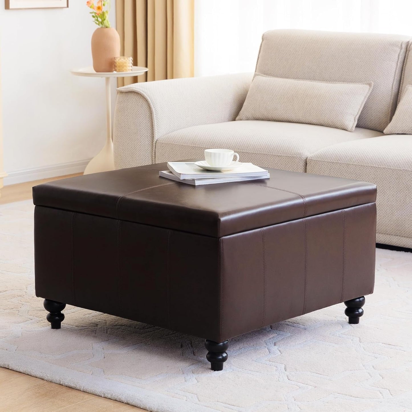 Square Leather Storage Ottoman 30-Inch Brown Durable