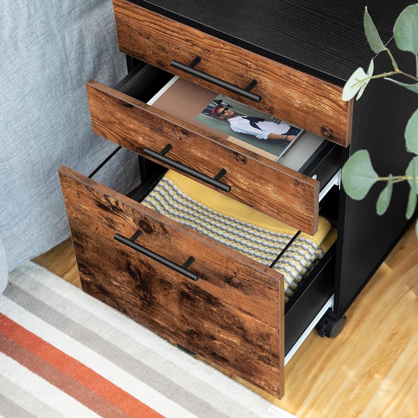 Wooden Three Drawer File Cabinet Under Desk Fits A4 Letter Size Rustic Brown Black Finish With Rolling Storage