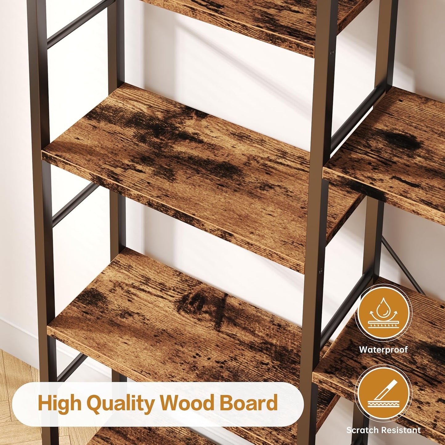 Rustic Brown Large Five Tier Bookshelf With Steel Frame