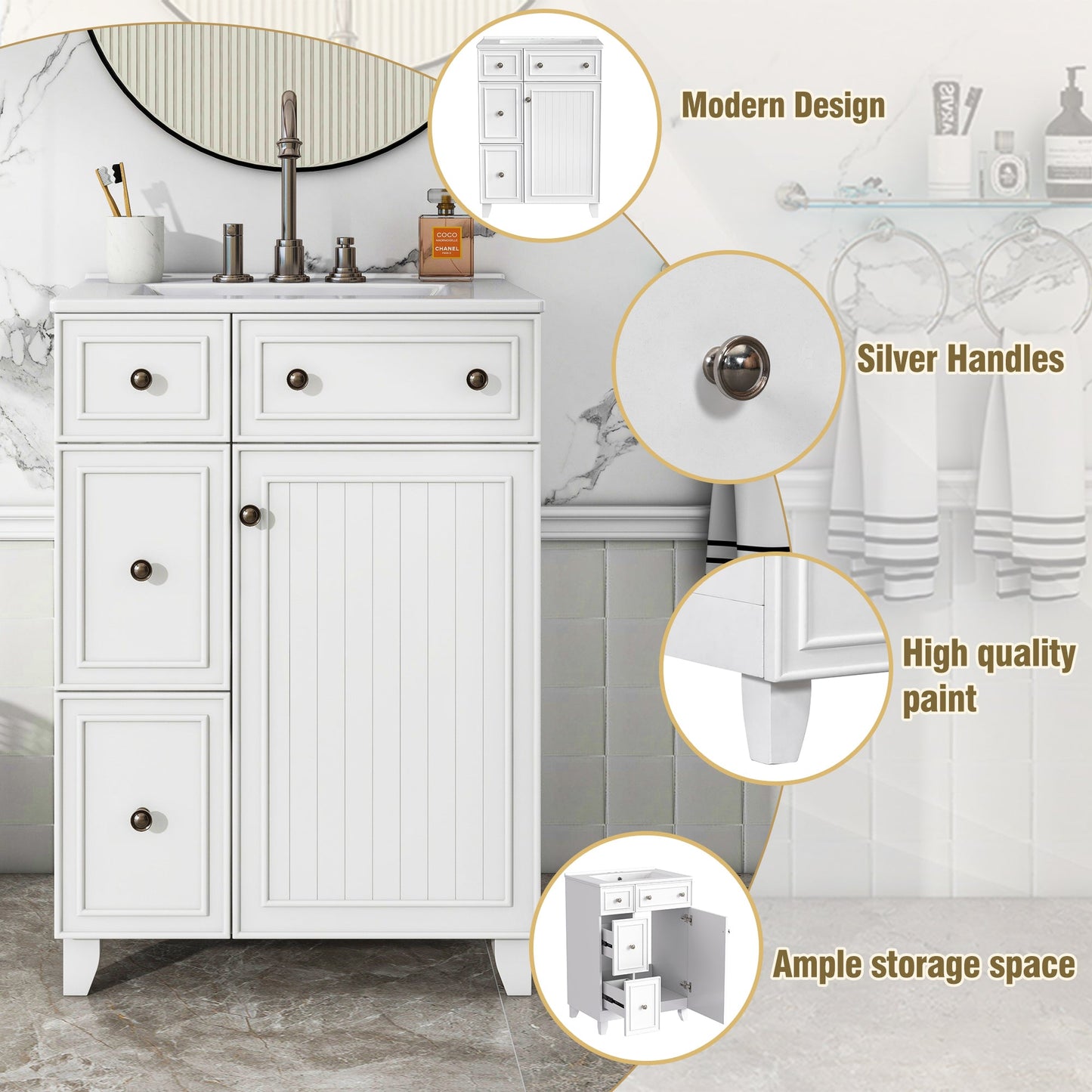 24-Inch Bathroom Vanity Cabinet with Ceramic Sink, 2 Drawers, 1 Door