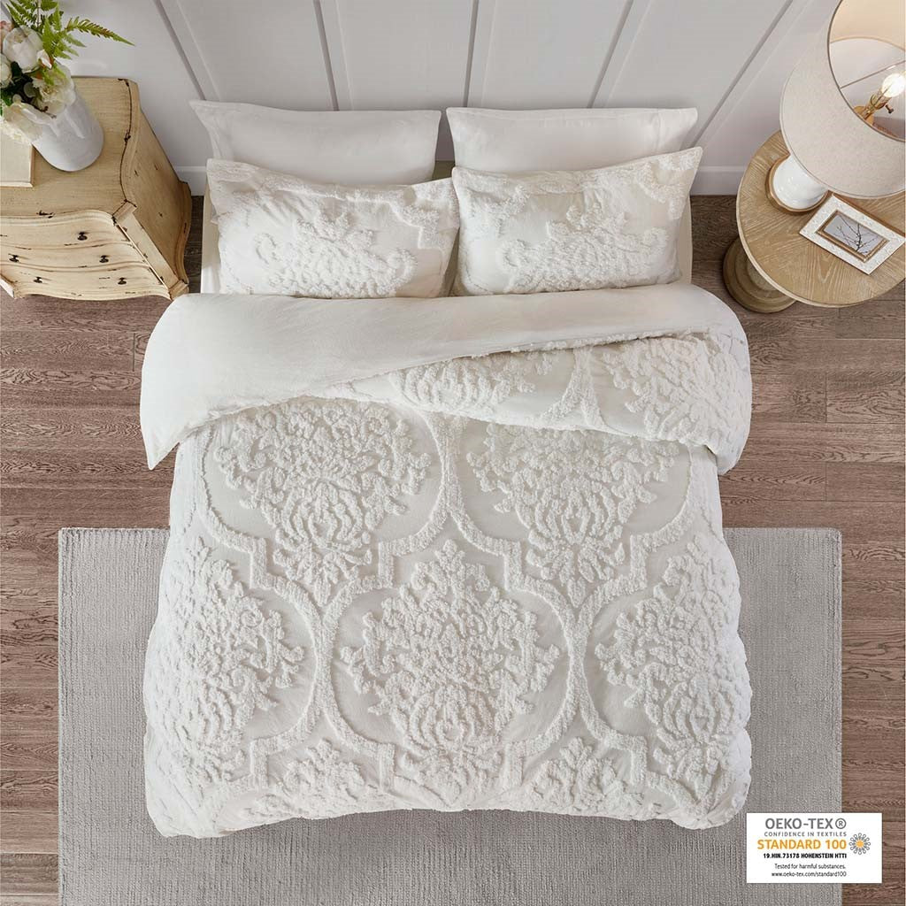 King/Cal King 3 Piece Tufted Cotton Chenille Damask Duvet Cover Set