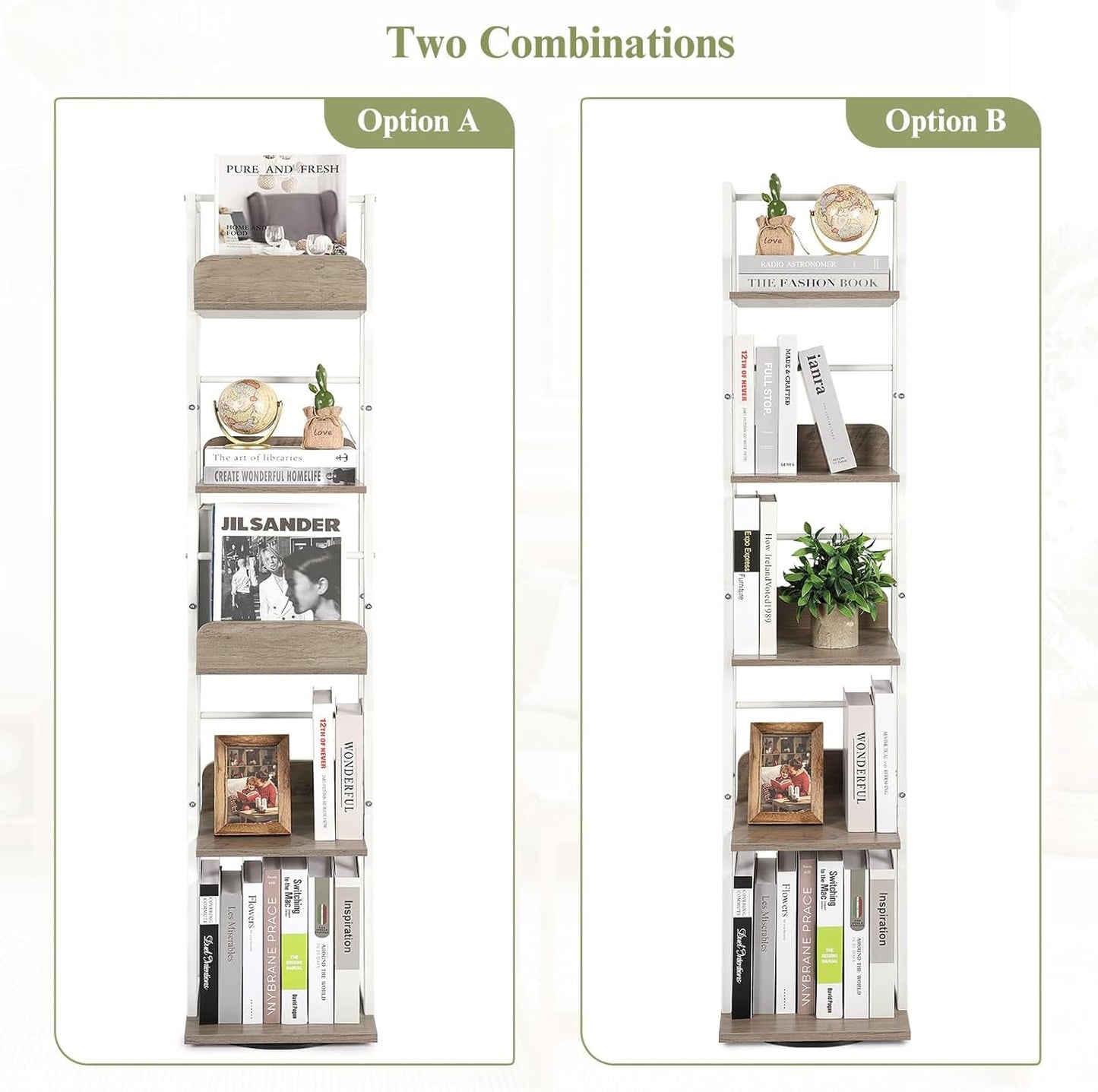 5-Tier Rotating Corner Bookshelf White Wood And Metal Slim