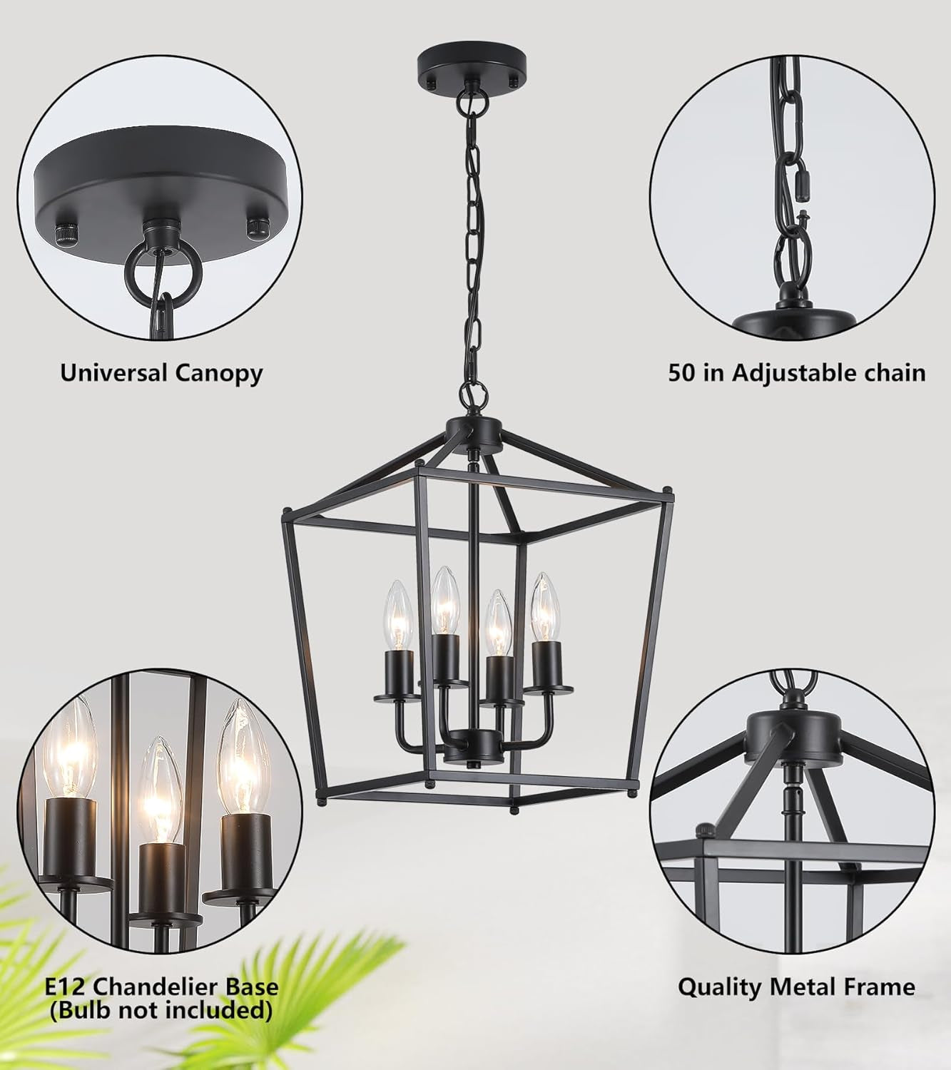 UL Black Industrial Lantern Chandelier 4 Light Pendant with adjustable chain and metal frame details.