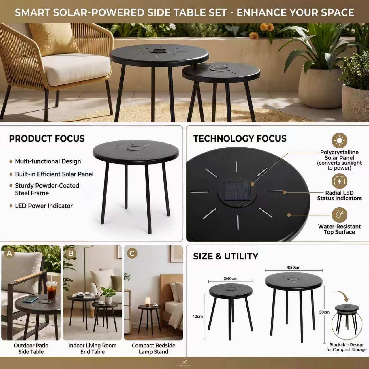 2-Pack Solar Powered Side Table Set with LED Light