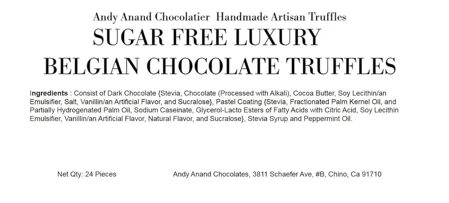 Product label for Andy Anand Chocolatier sugar-free Belgian chocolate truffles with text on a white background.