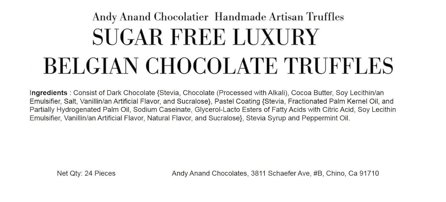 Product label for Andy Anand Chocolatier sugar-free Belgian chocolate truffles with text on a white background.