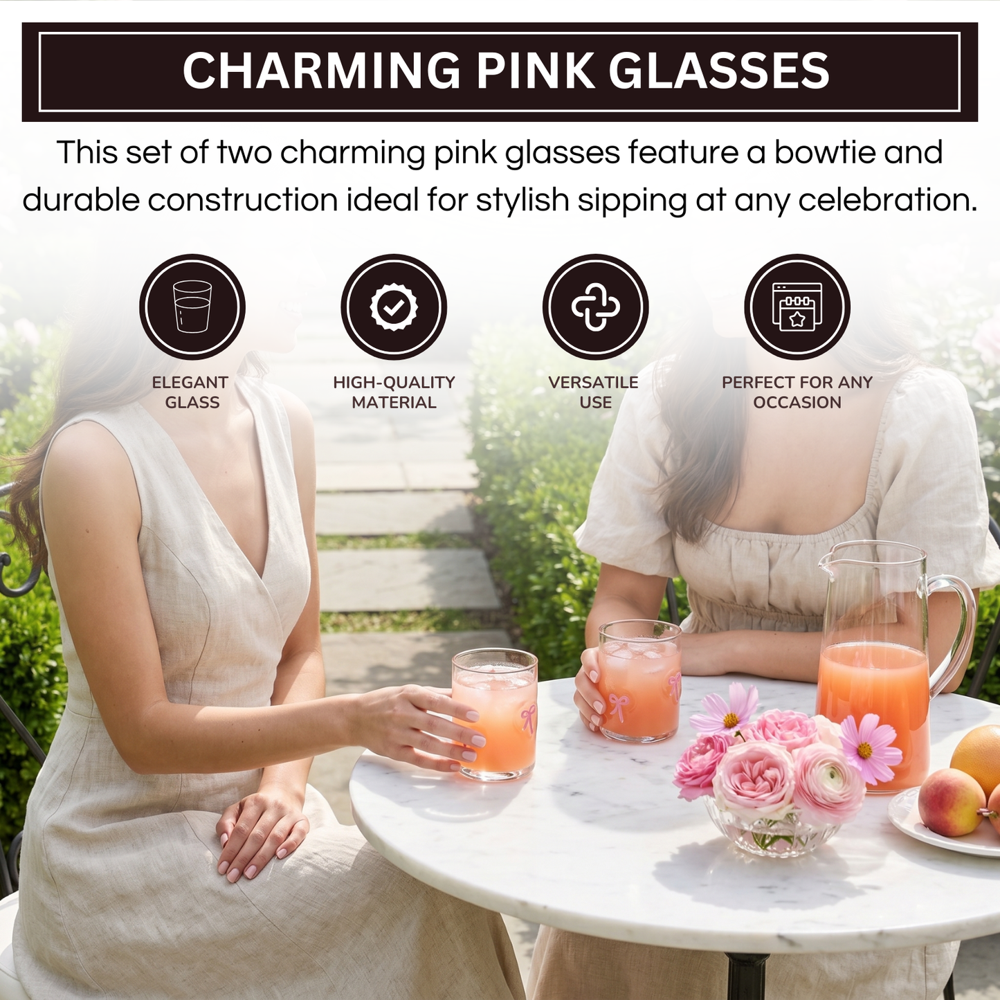 Khen Bowtie Tumblers Set Stylish Break Resistant Acrylic Drinkware - Set of 2 Pink