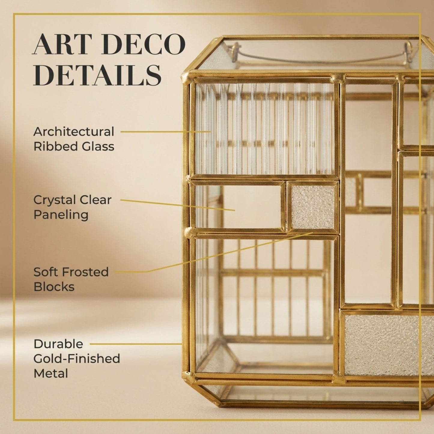 Gold Candle Holder - Modern Glass Metal Lantern for Pillar Candles Indoor & Outdoor Decor
