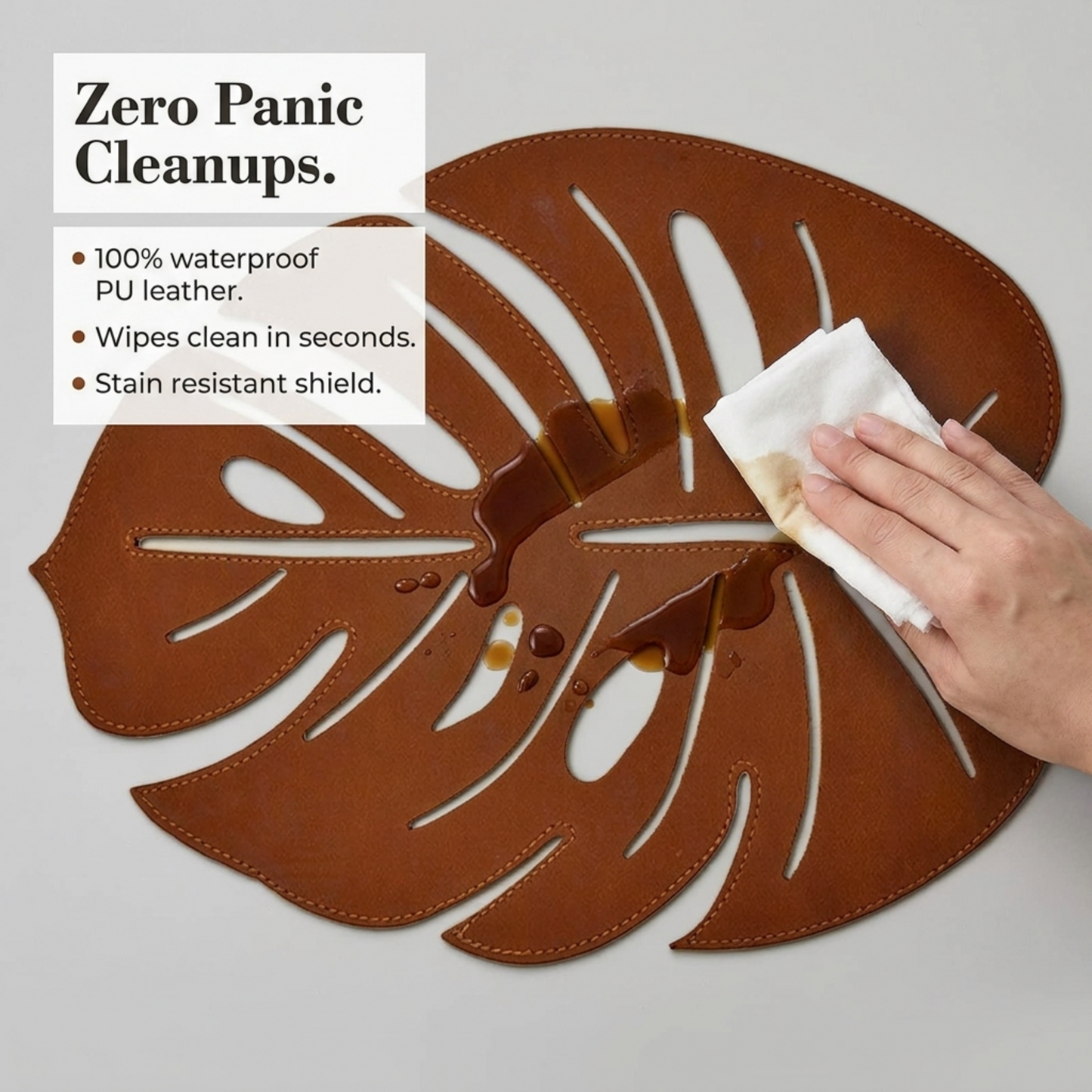 Leather Placemats Set of 6 – Monstera Leaf Design, PU Embossed, Heat Resistant