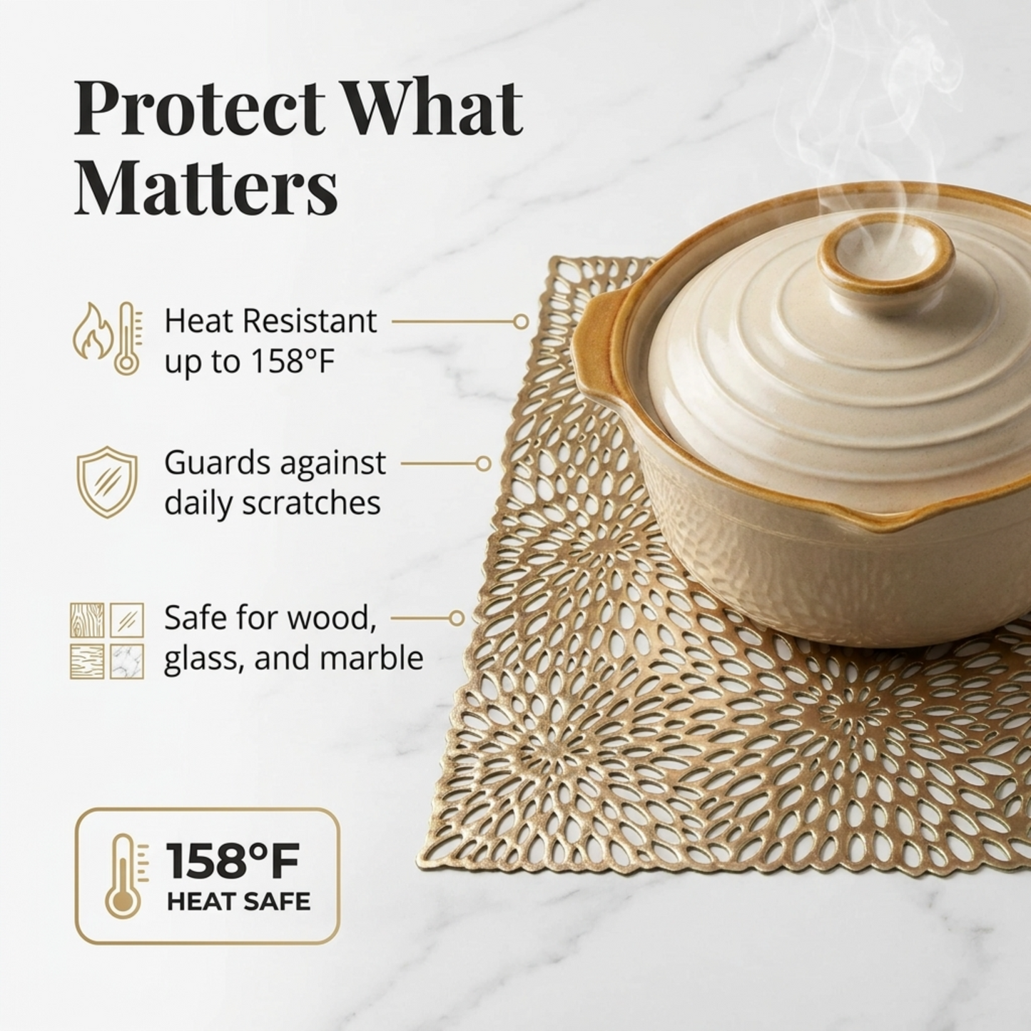 PVC Placemats - Gold Non Slip Table Mats | Heat Resistant Indoor Outdoor Set