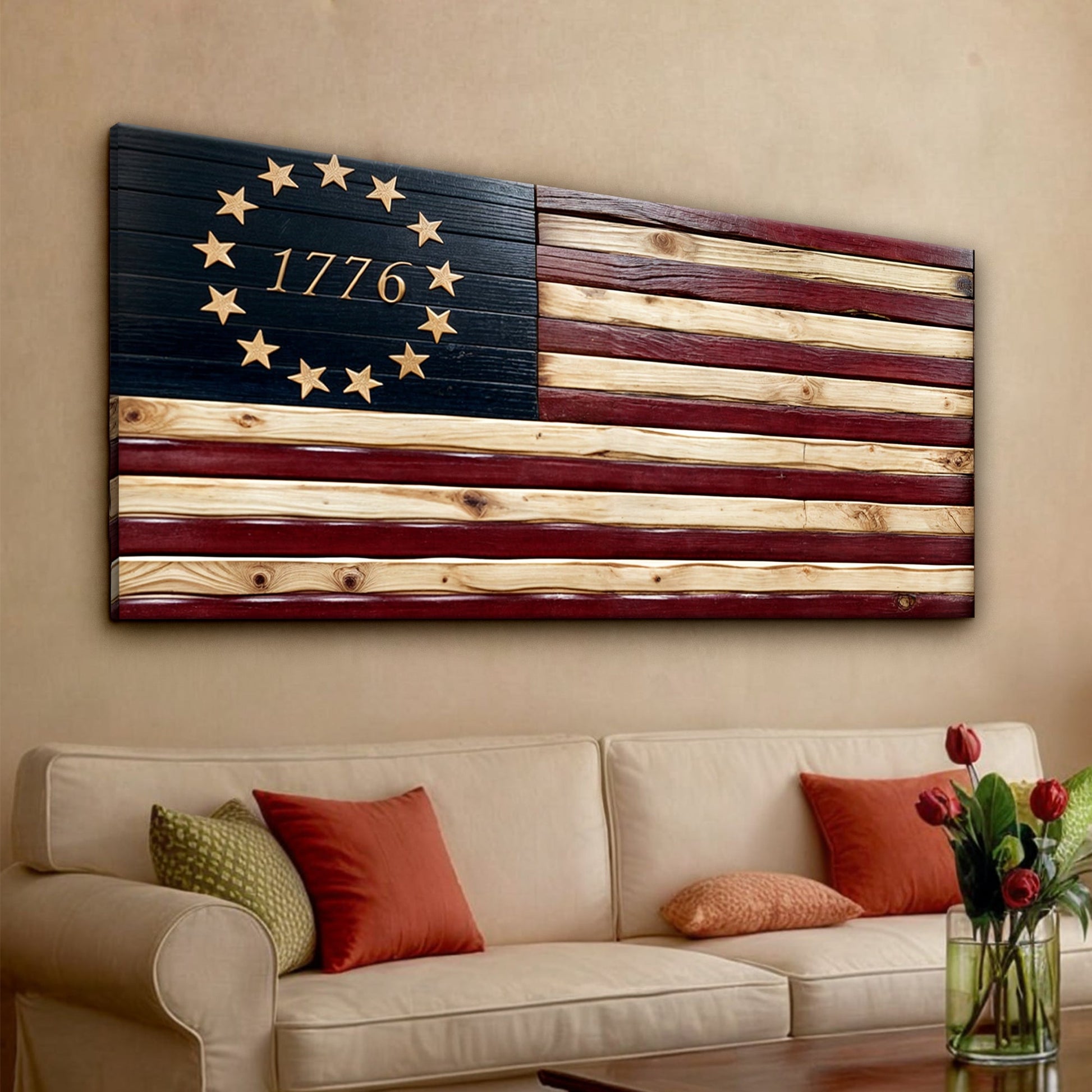 Wooden American flag with '1776' on a wall above a beige sofa.