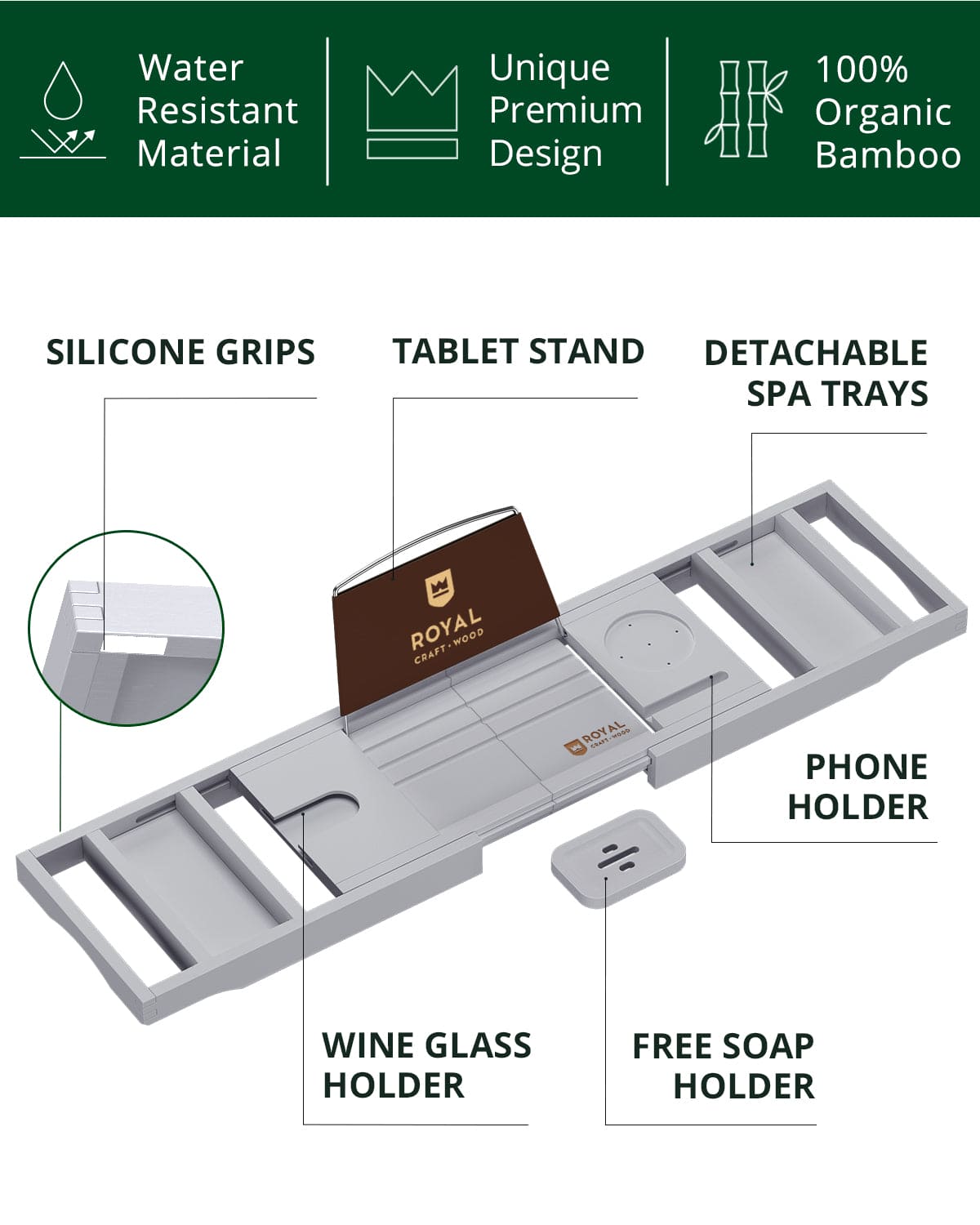Bathtub Caddy Tray, Gray
